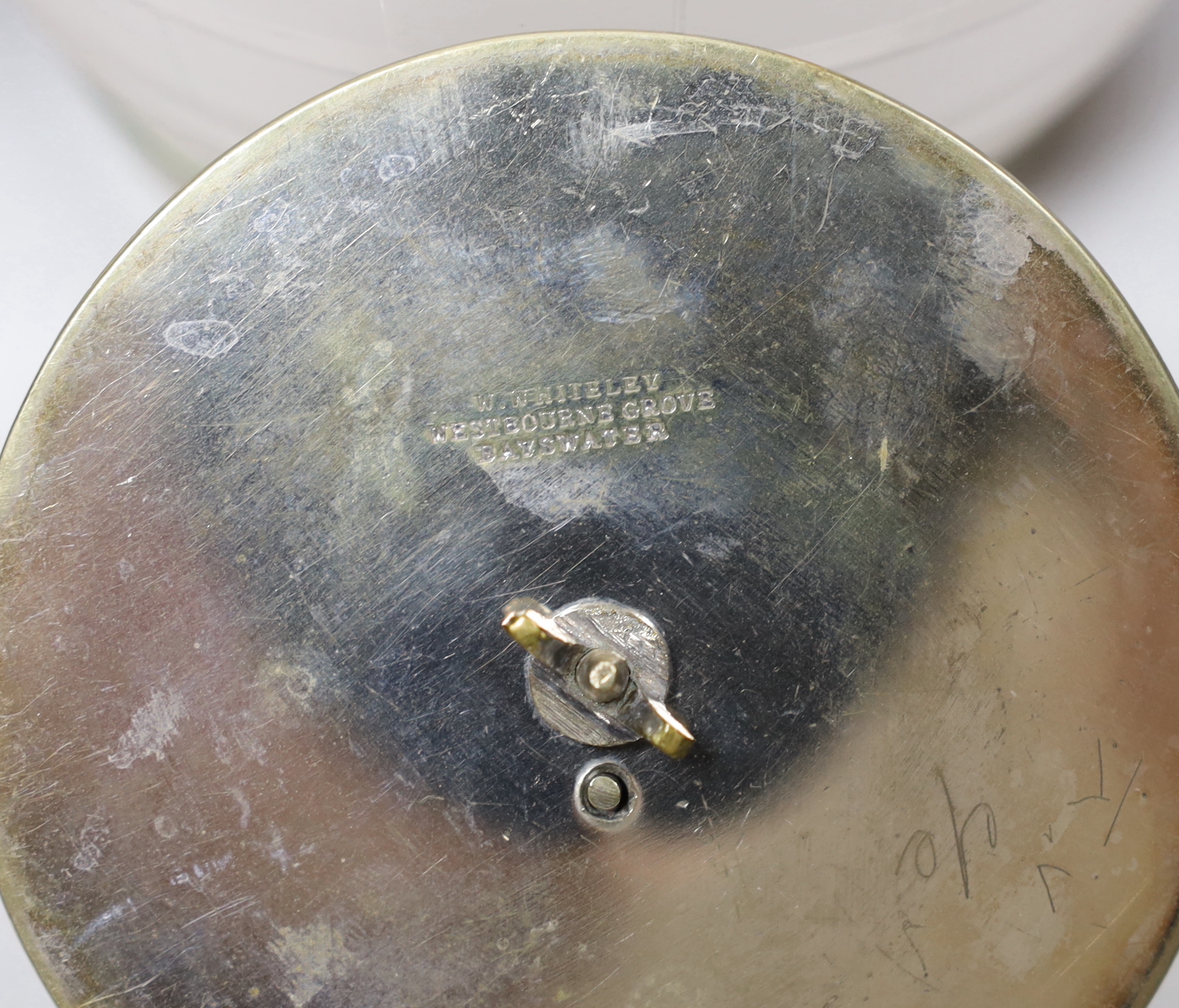A vintage frosted glass 'BISCUIT' barrel with plated mounts, the cover with 'coiled rope' finial, impressed 'Whiteleys, Westbourne Grove' together with two small sweetmeat tazzas, tallest 17cm
